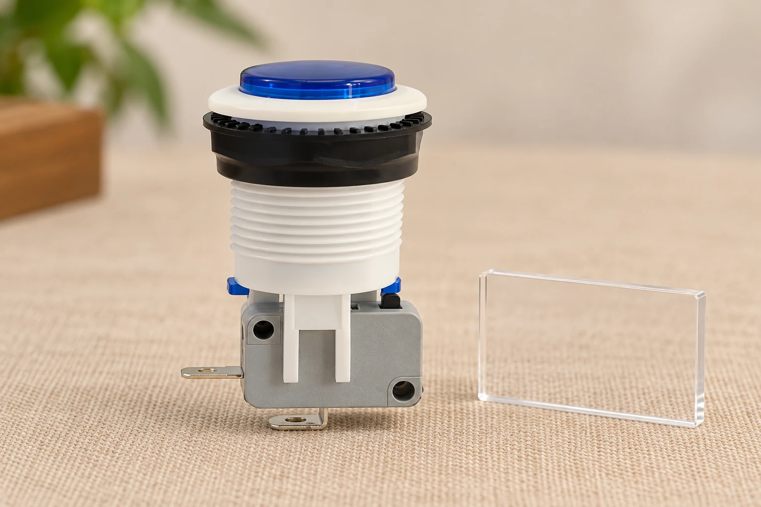 PBS blue cap and threaded stem beside a separate blank acrylic label sample