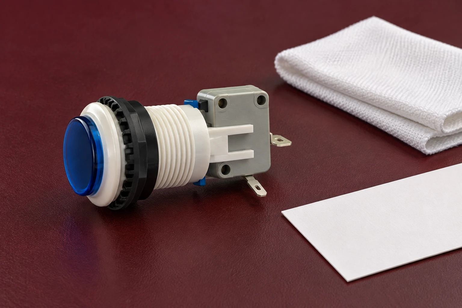 PBS push button lying on burgundy surface beside a separate dry white cloth and blank card