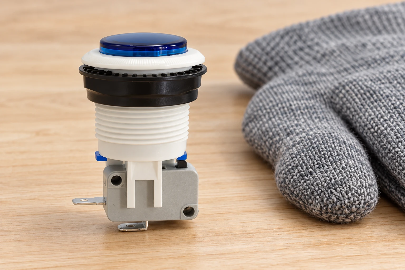 PBS blue push button beside a separate thick grey knit glove on wood
