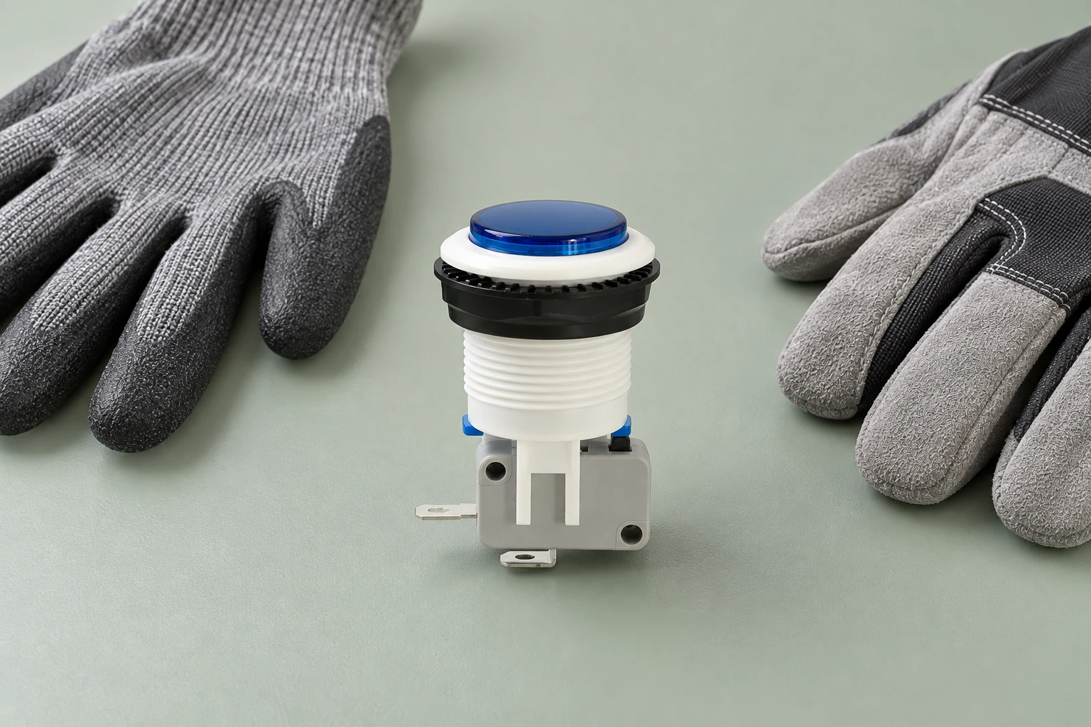 Push Button Operation with Gloves: Validate the Complete Operator Task 2 PBS blue push button between two separate grey work gloves on a sage surface