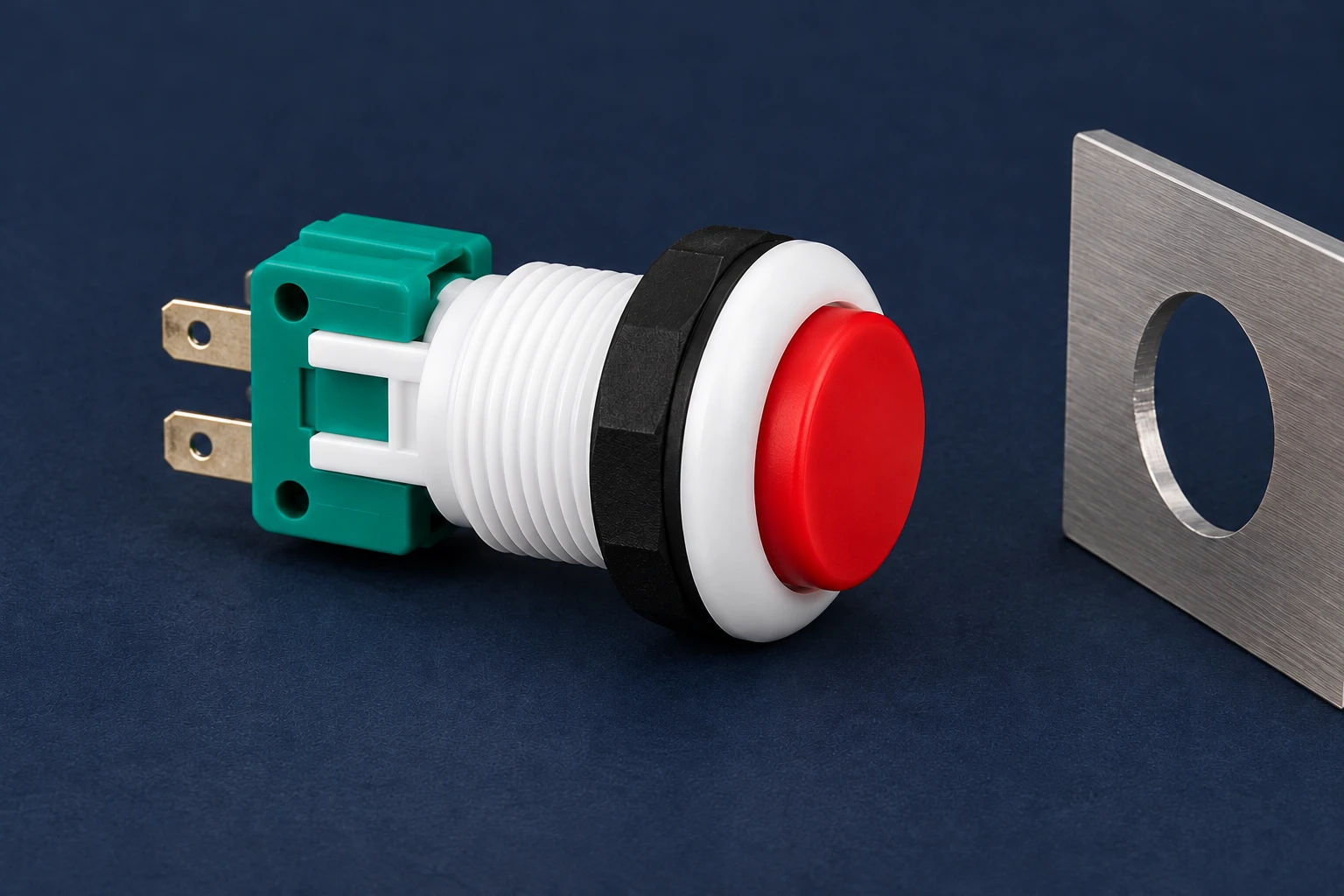 PBS-001 threaded body, retaining ring and rear housing beside a panel coupon on a navy pad