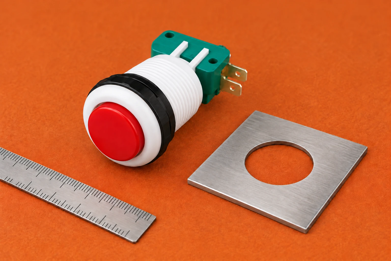 Red PBS-001 button beside a separate panel coupon and ruler on an orange measuring mat