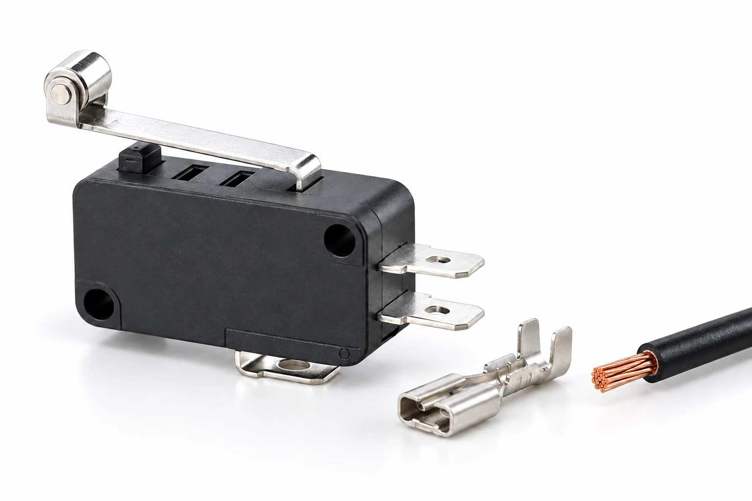 KW7 roller switch beside a loose receptacle and uncrimped stranded wire KW7 roller switch beside a loose receptacle and uncrimped stranded wire