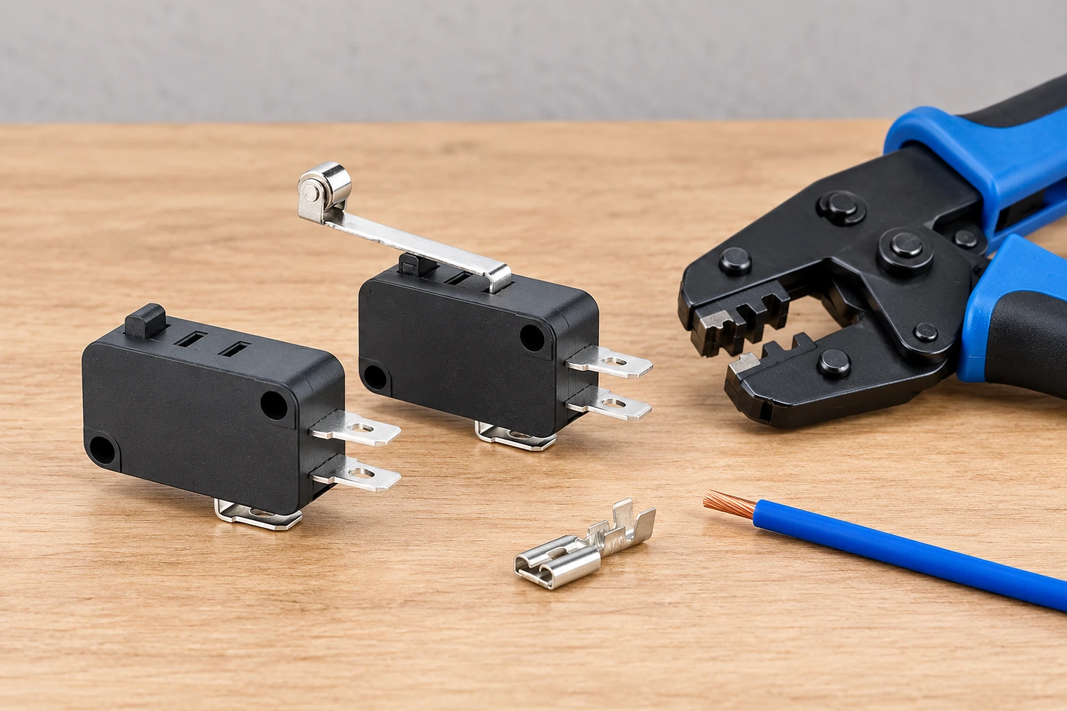 KW7 plunger and roller switches beside a separate open crimp tool receptacle and wire KW7 plunger and roller switches beside a separate open crimp tool receptacle and wire