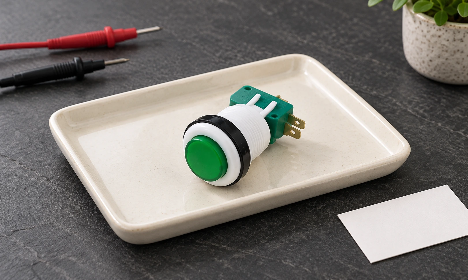Green PBS-001 push button and disconnected probes on a bench