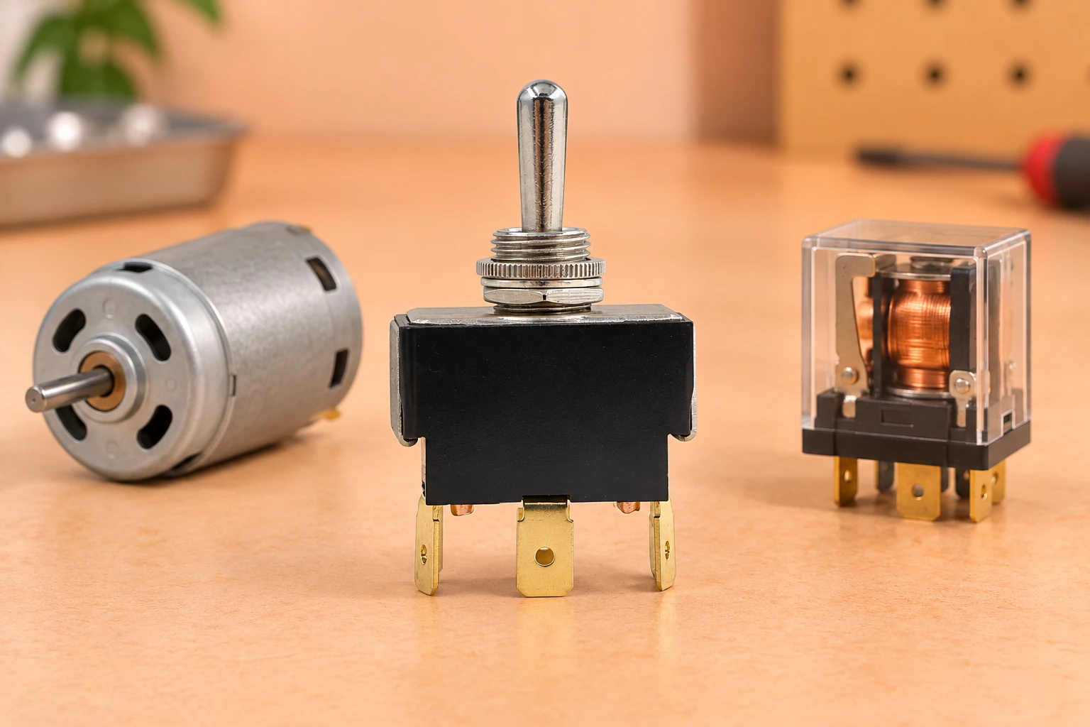 LT-series toggle beside a separate motor and relay on a peach bench