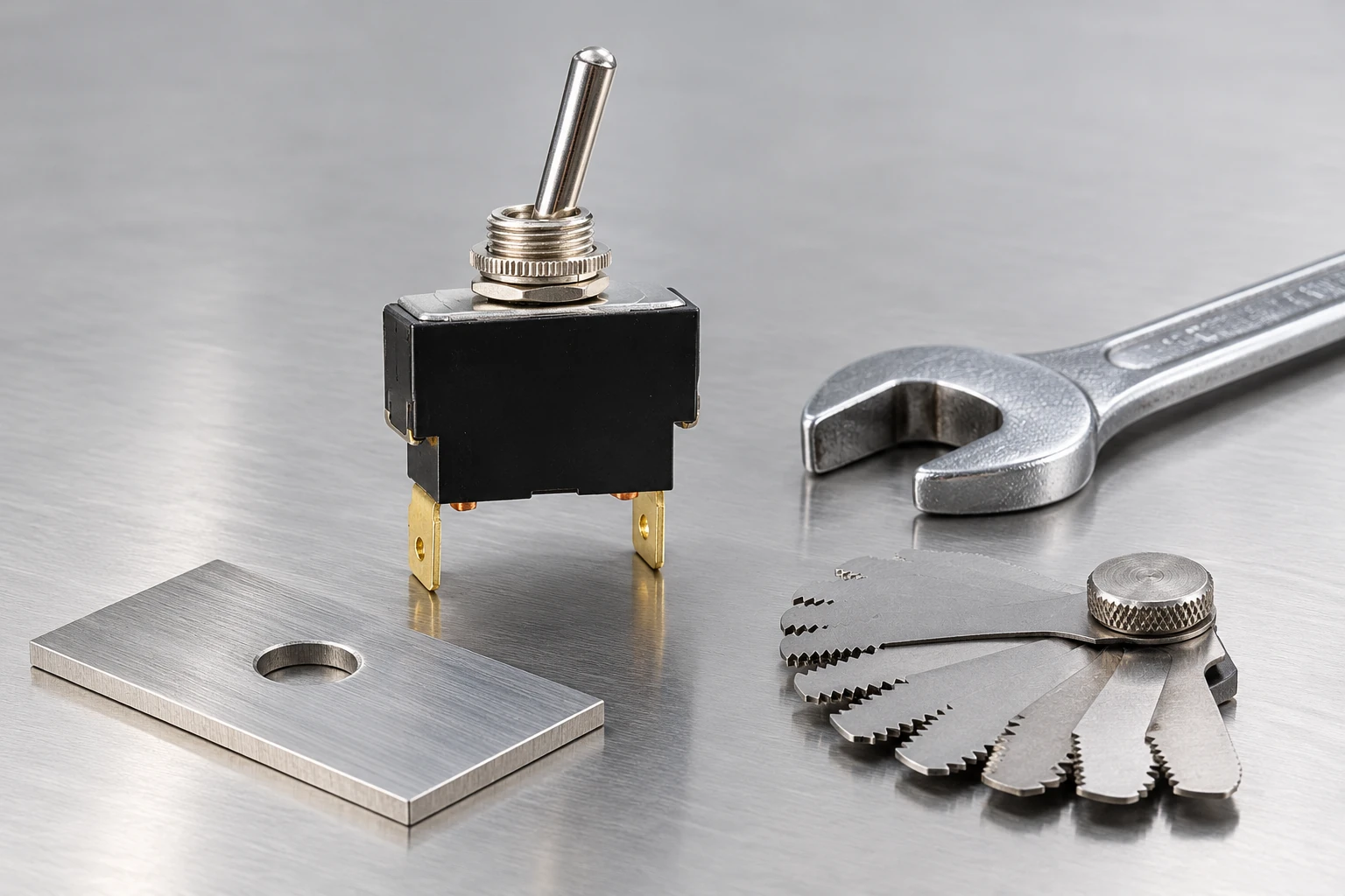 LT2210C toggle switch beside separate wrench thread gauge and panel coupon