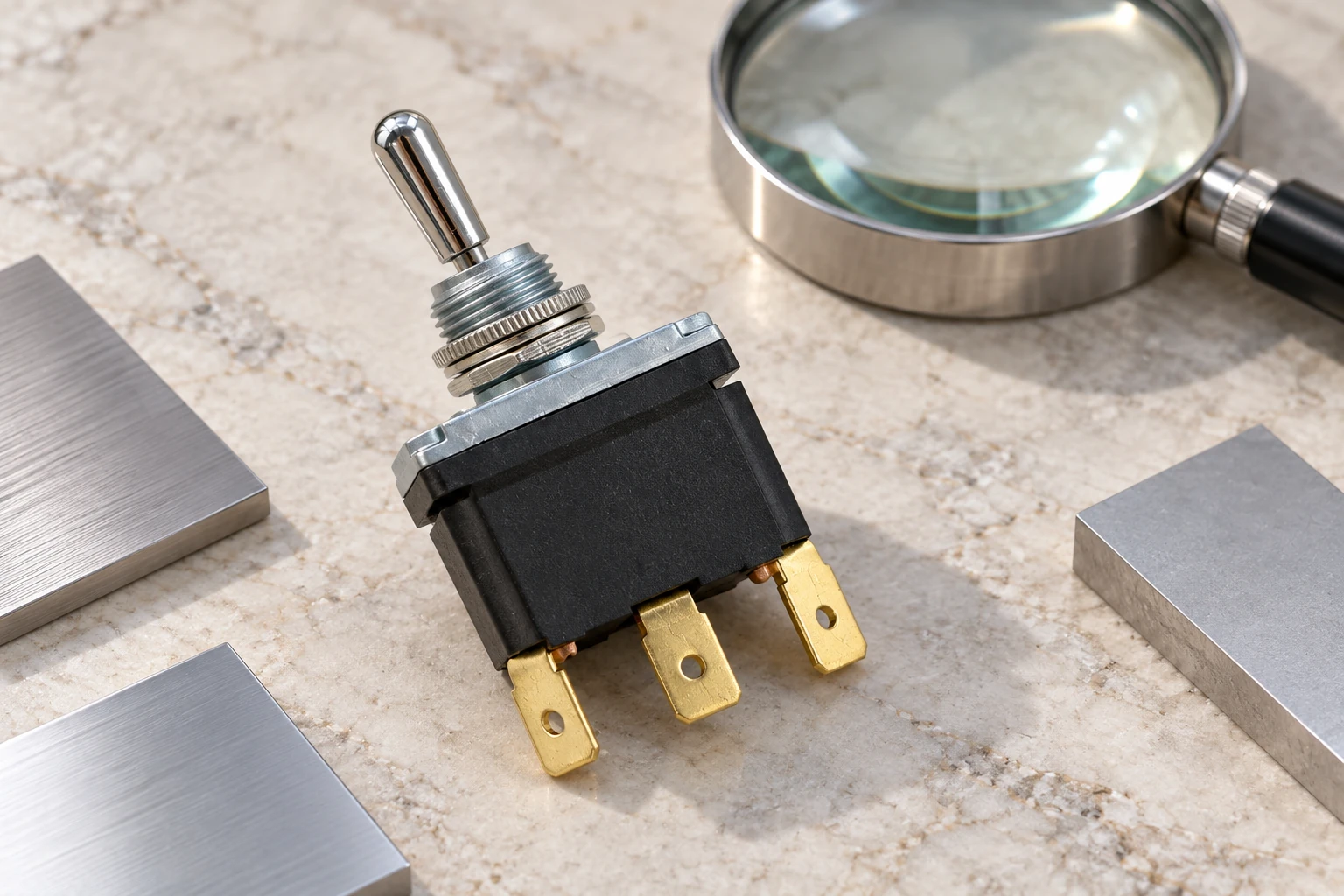 Toggle Switch Salt Spray Corrosion: Read the Test Before Approving Supply 1 LT3230C reference toggle beside separate metal samples and magnifier on pale stone