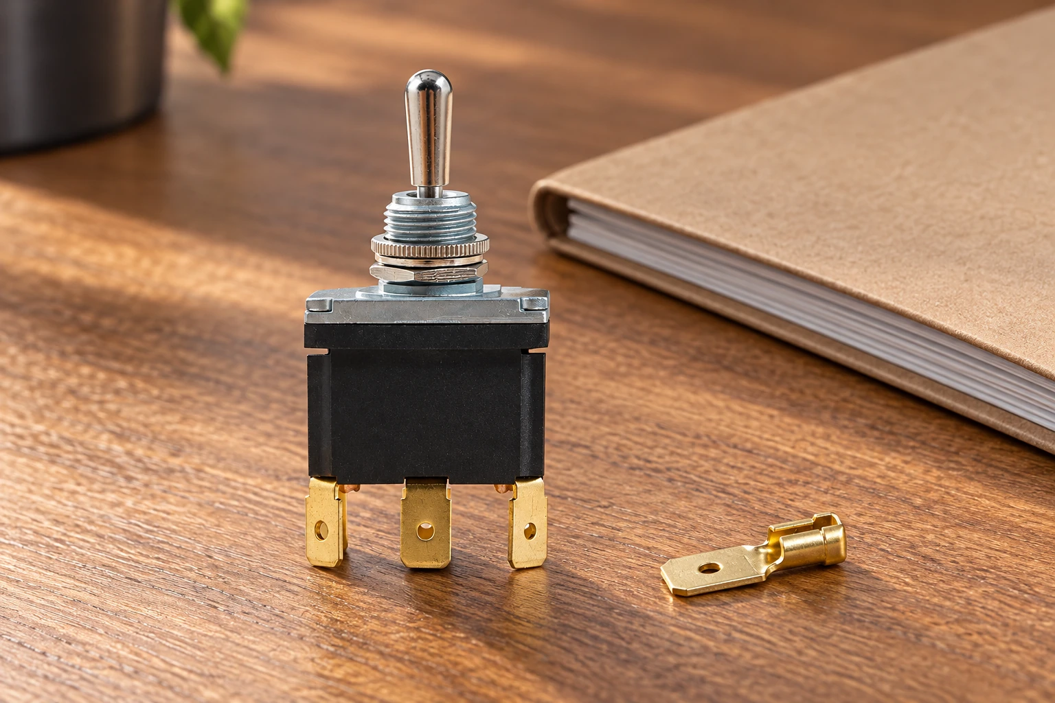 Toggle Switch Salt Spray Corrosion: Read the Test Before Approving Supply 2 LT3230C reference toggle beside blank folder and unattached spade connector on wood