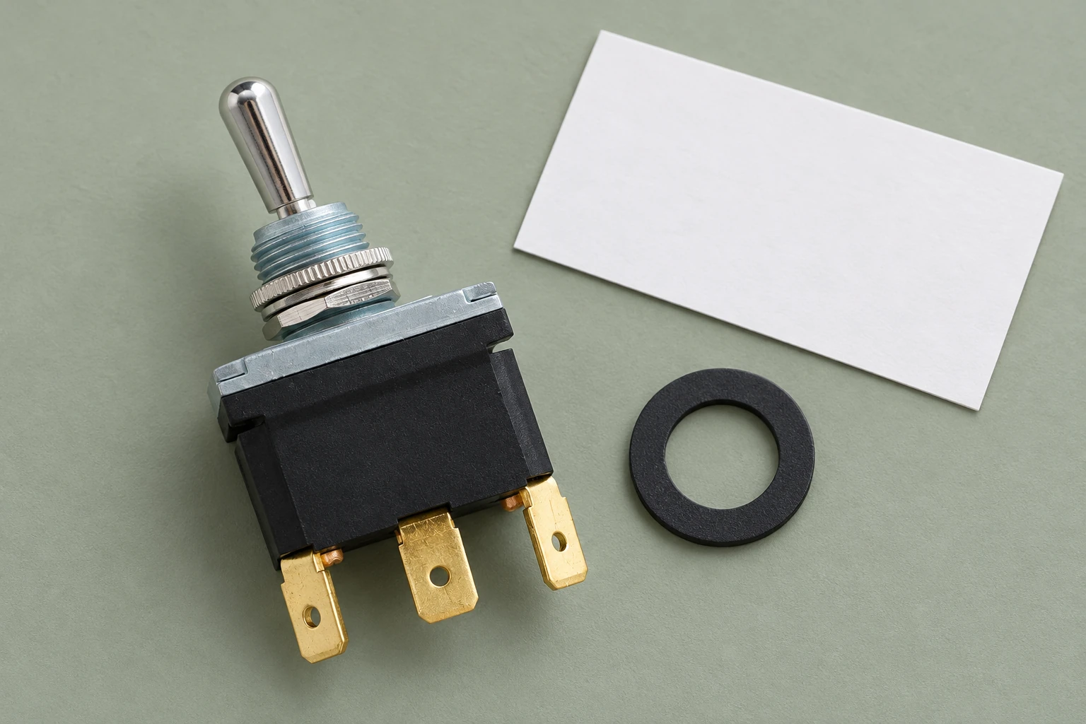 Toggle Switch UV Weathering: Specify Evidence for Exposed Panel Parts 1 LT3230C reference toggle beside separate black washer and blank card on sage surface