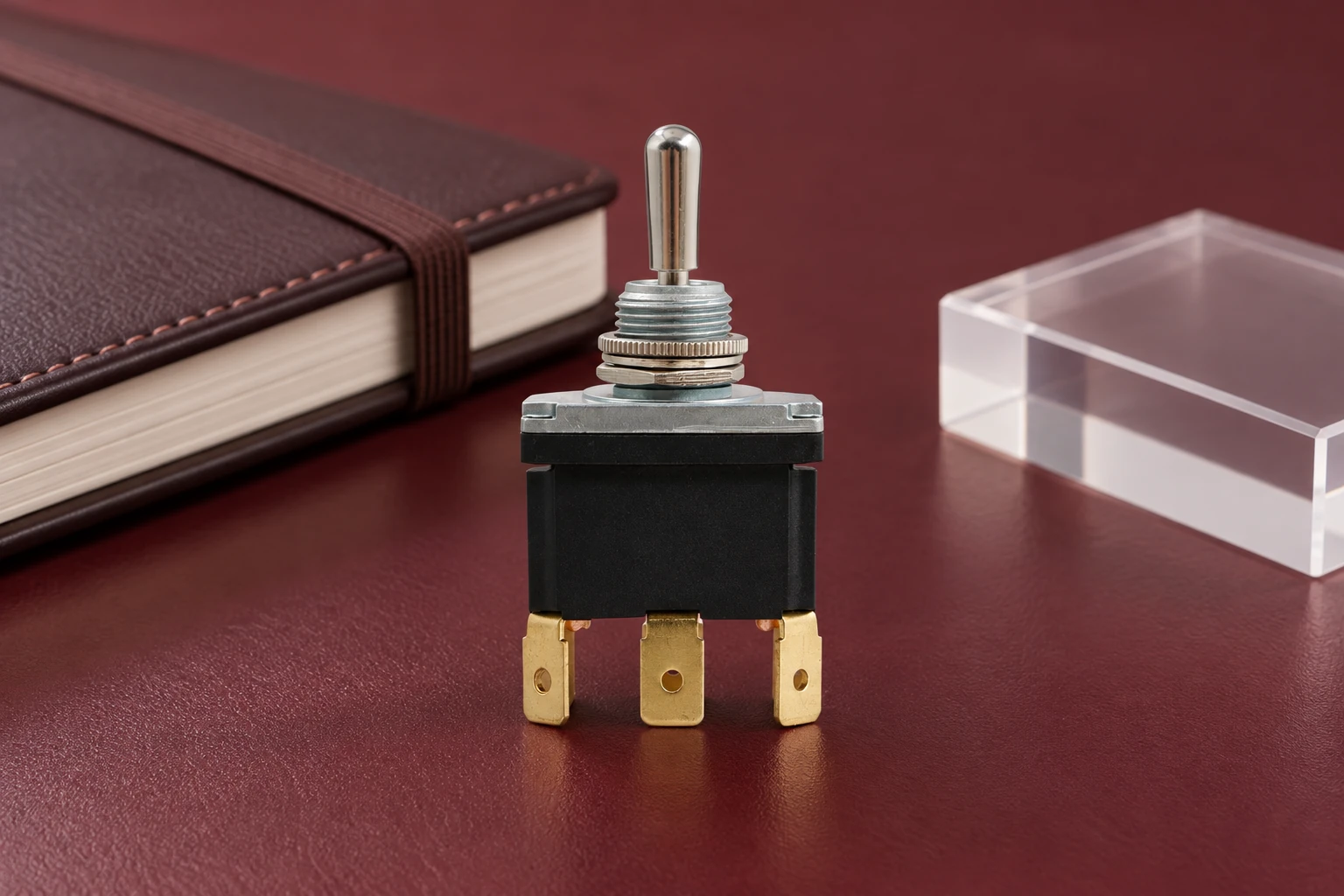 Toggle Switch UV Weathering: Specify Evidence for Exposed Panel Parts 2 LT3230C reference toggle beside closed notebook and clear material sample on burgundy desk