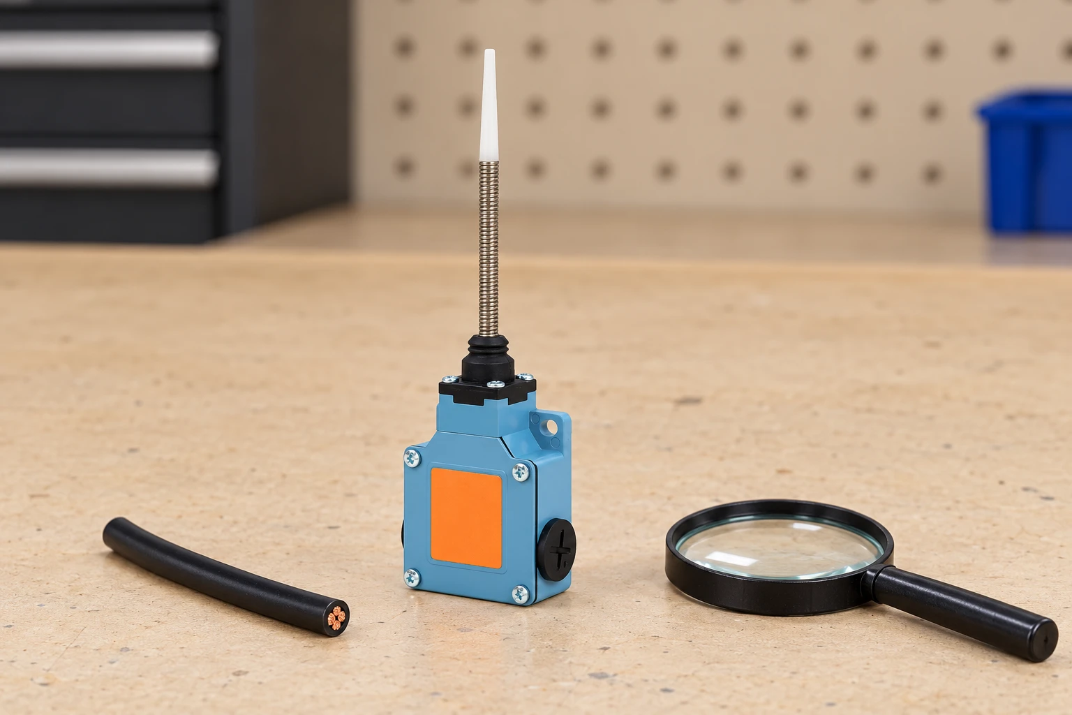 LZ1 spring actuator switch with blank nameplate beside a loose cable offcut and magnifier
