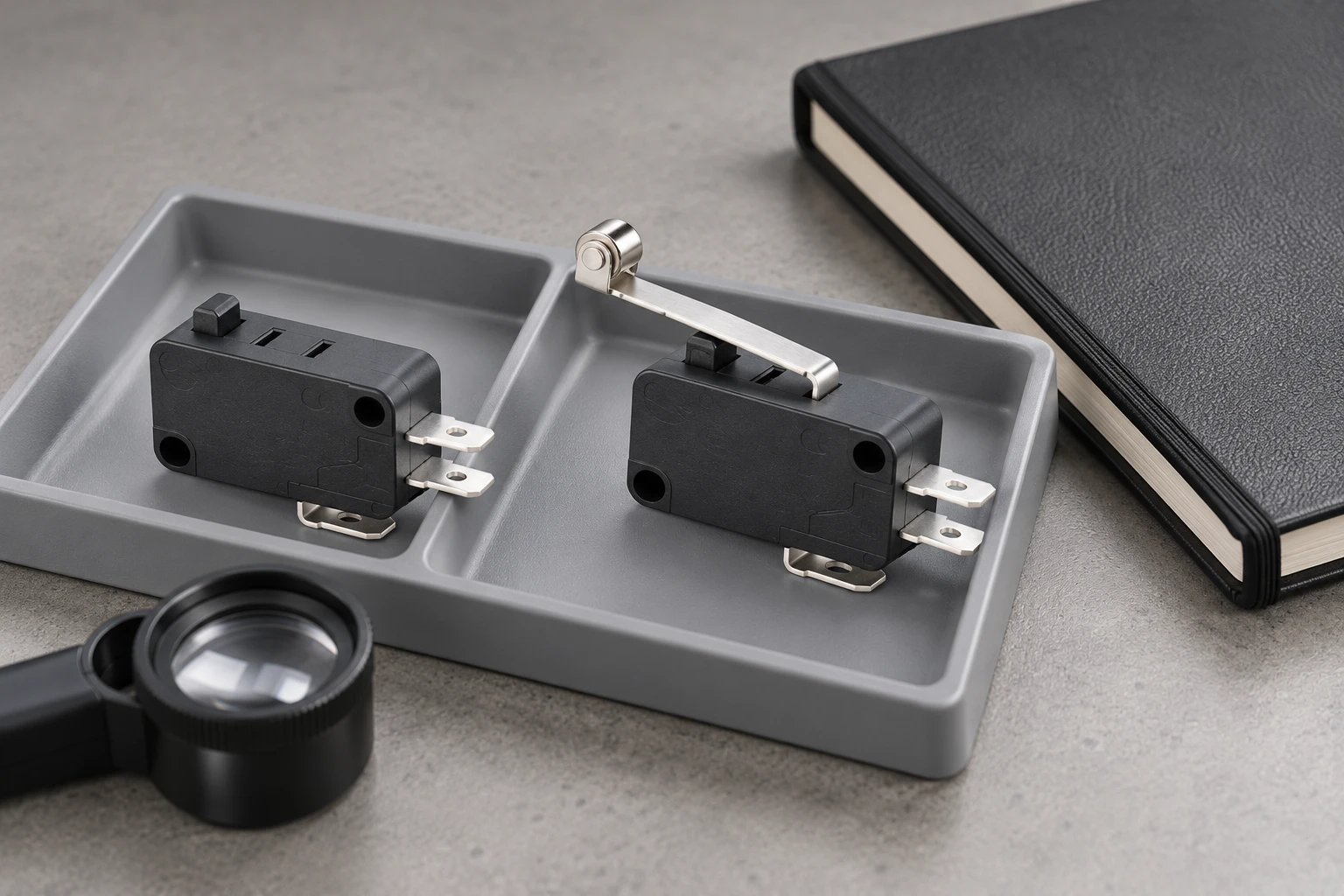 KW7 plunger and roller-lever switch specimens separated on a laboratory tray