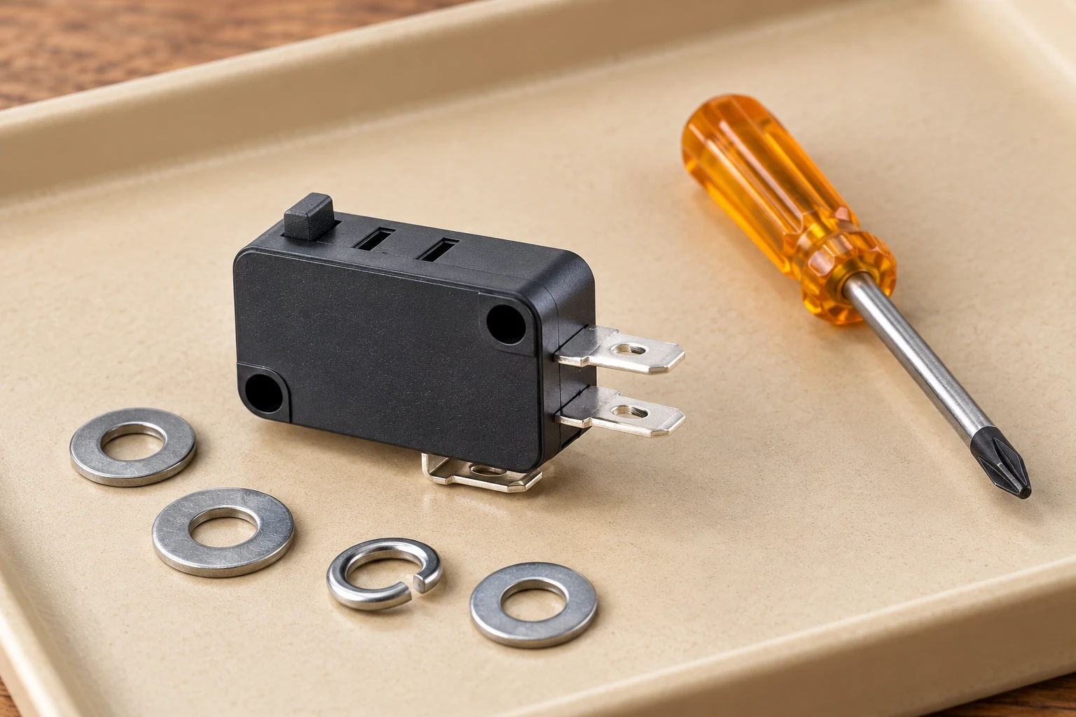 KW7 switch on a specimen tray beside a disconnected screwdriver and loose washers