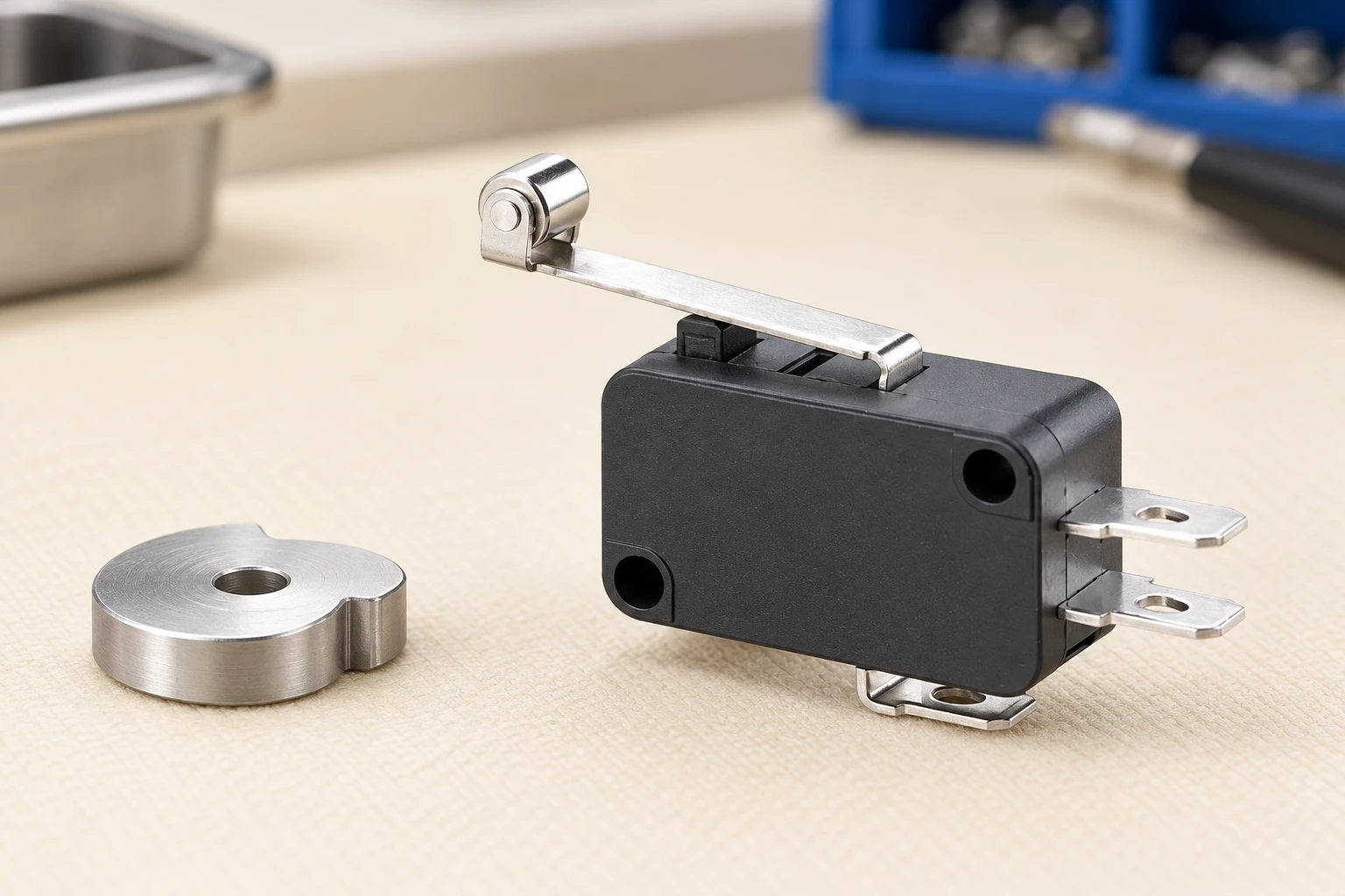 KW7 roller lever micro switch beside a separate cam specimen