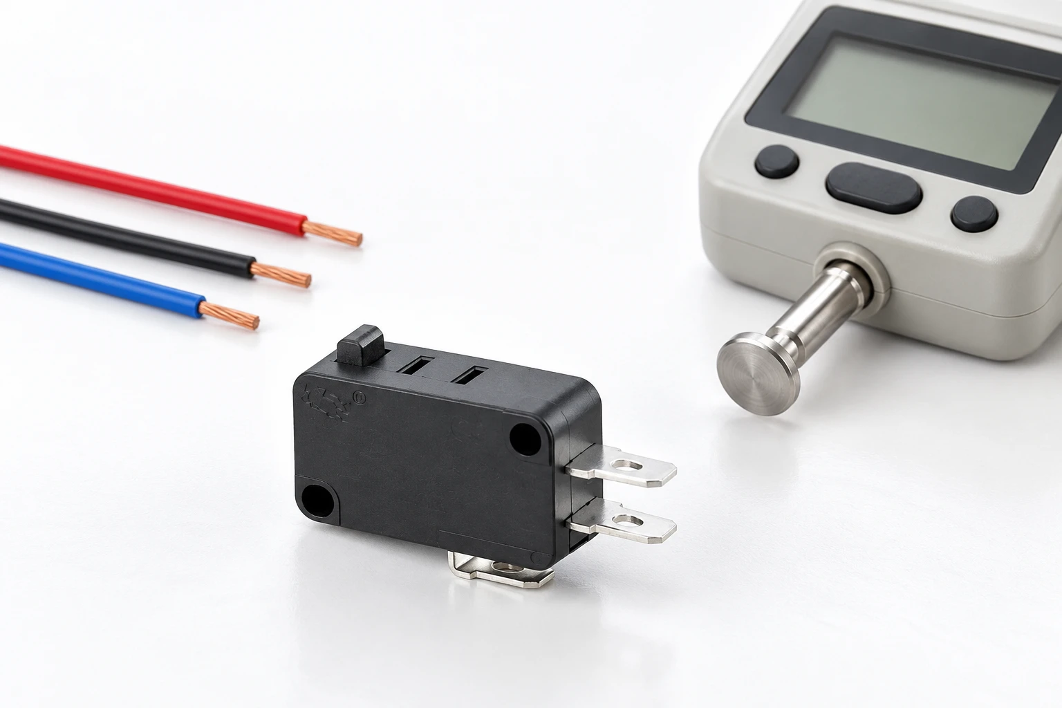 KW7 switch beside detached wire samples and an unconnected force instrument