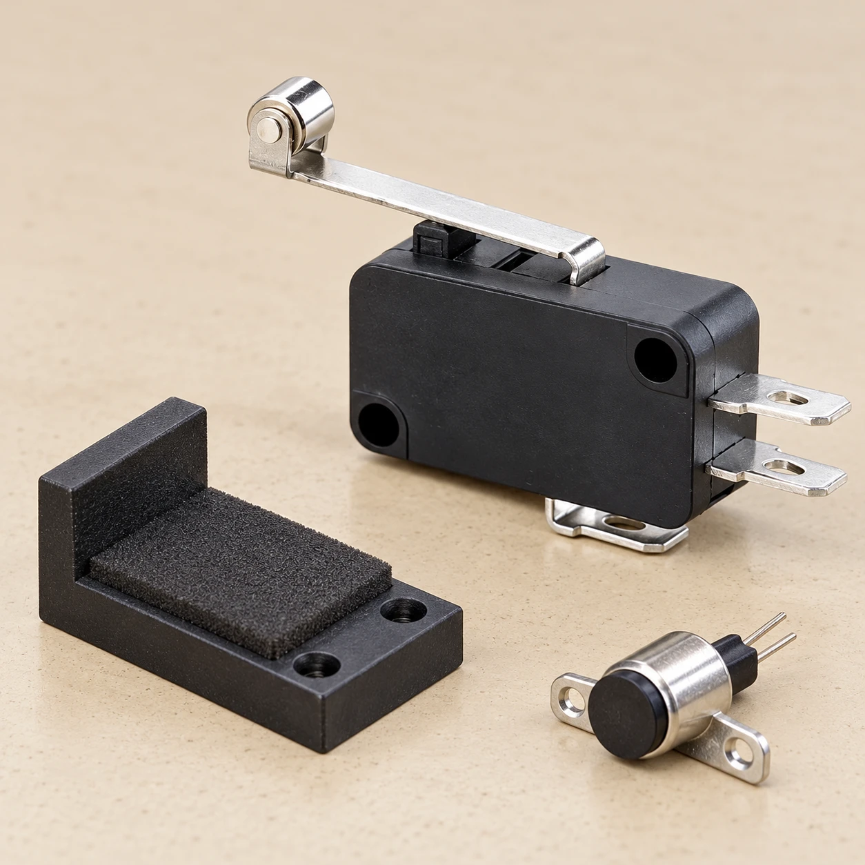 KW7 roller lever switch beside a detached support block and loose sensor KW7 roller lever switch beside a detached support block and loose sensor