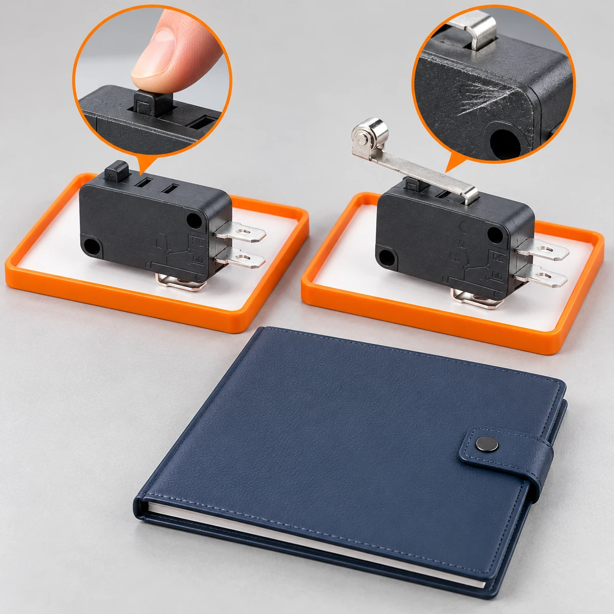 KW7 specimens on orange-edged trays with illustrative operation and cosmetic scratch insets KW7 specimens on orange-edged trays with illustrative operation and cosmetic scratch insets