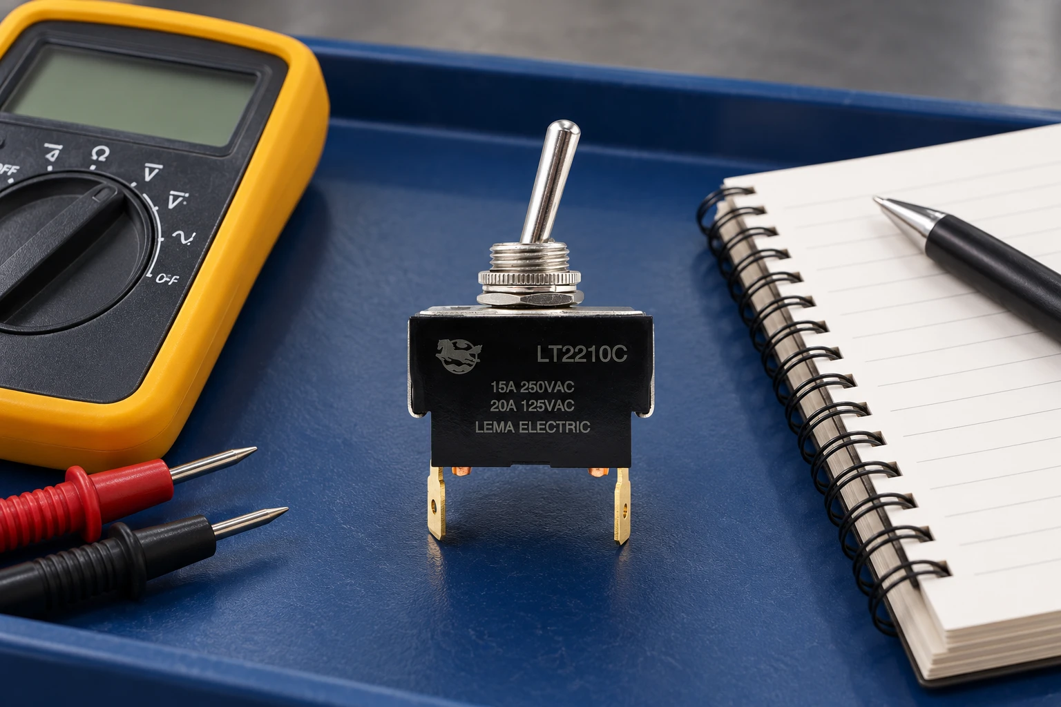 LT2210C switch beside a disconnected meter and timing notebook